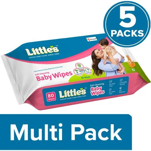 Littles Baby Wipes - With Aloe Vera, Jojoba Oil & Vitamin E, 5x80 pcs Multipack