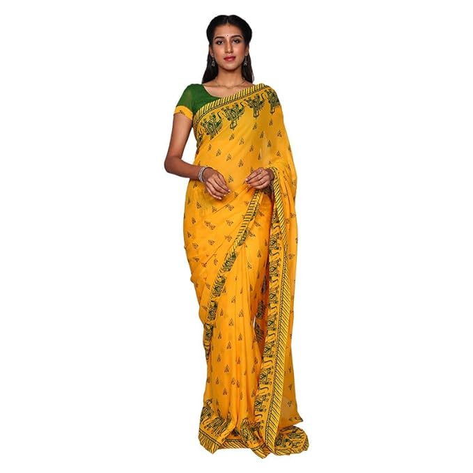 Yashika Women's Georgette Green Color Saree Without Blouse Piece