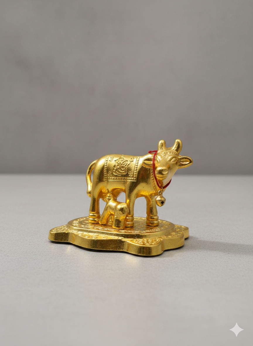 Golden Kamdhenu Cow with Calf Idol