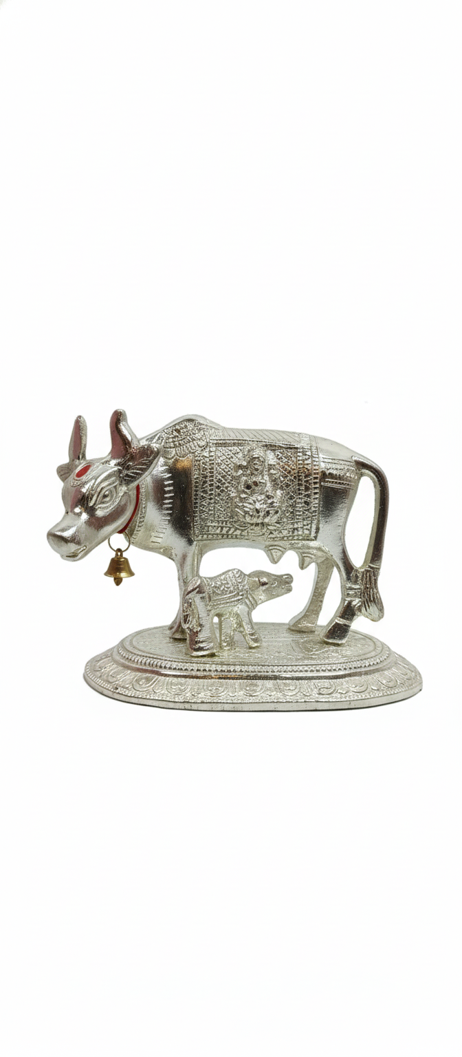 Kamdhenu Cow with Calf Silver Idol