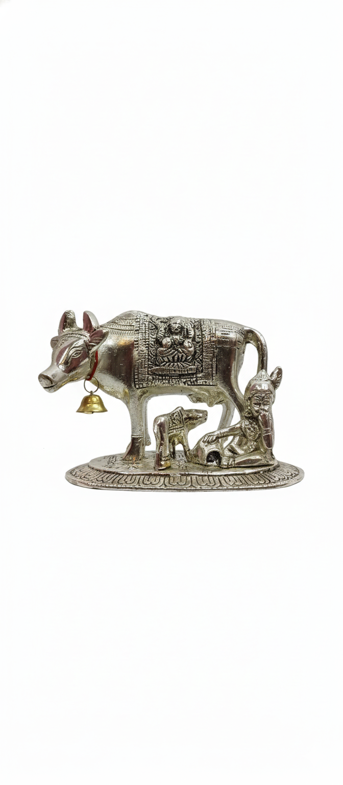 Kamdhenu Cow & Krishna  with Calf Silver  Idol