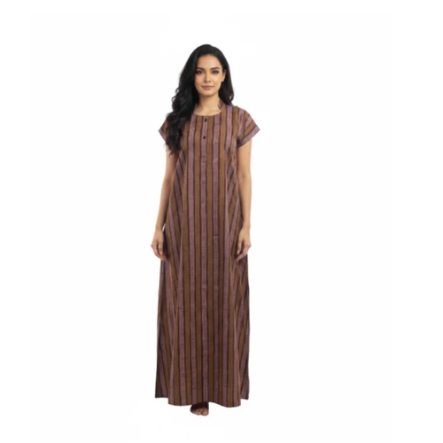Cotton Nighty for Women | Brown & Maroon Vertical Striped Maxi Night Gown