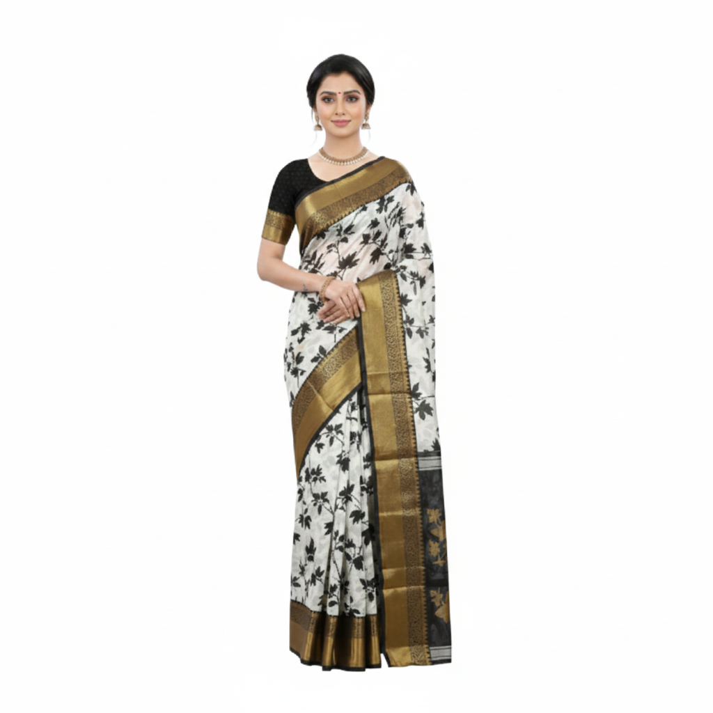 Traditional Printed Saree for Women White Cream with Black  Design