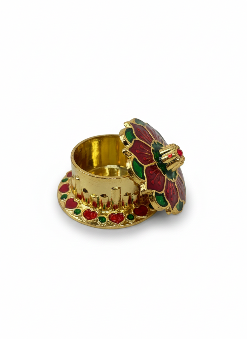 Premium Gold Finish Kumkum Box with Red & Green Enamel