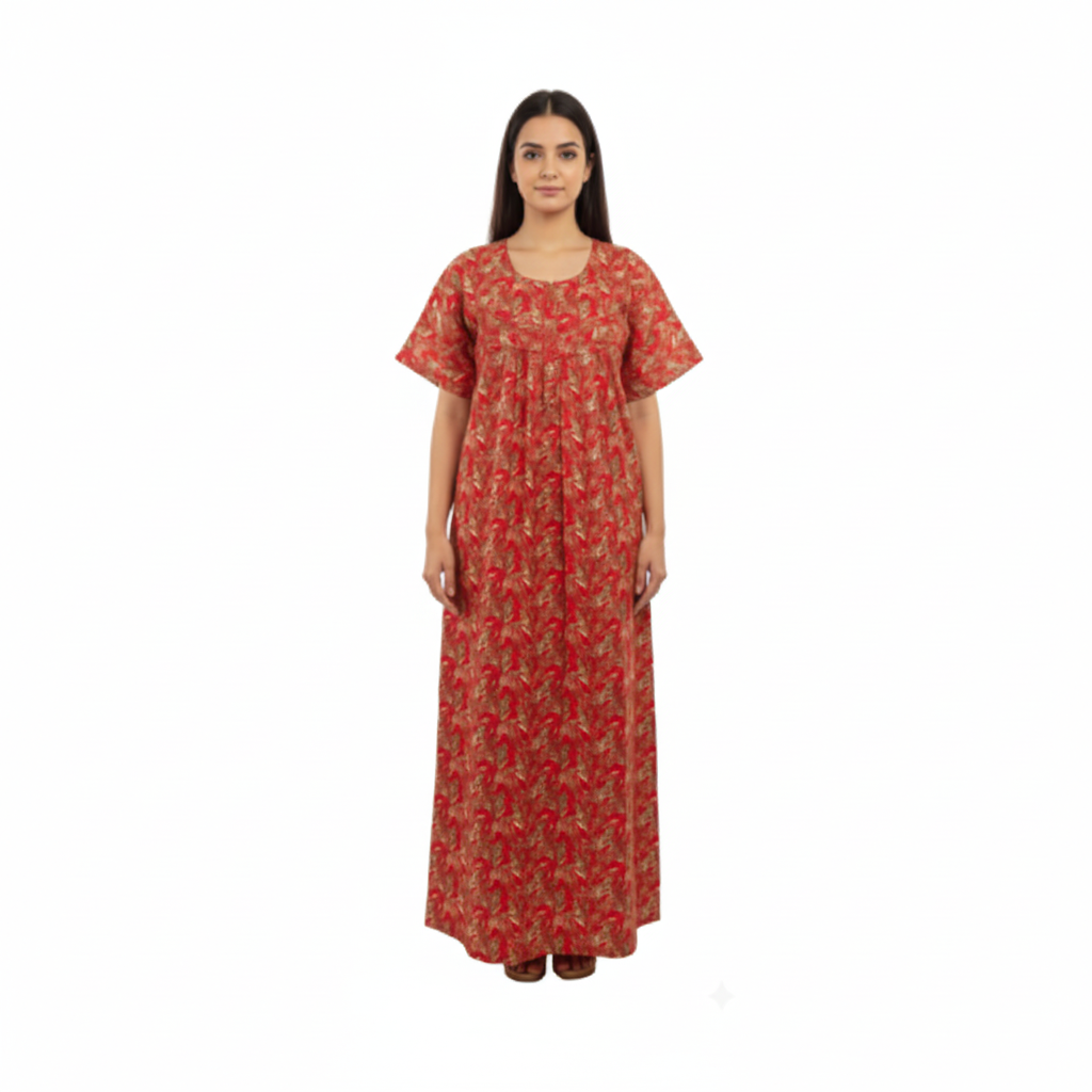 Women’s  Red Color Cotton Printed Nighty