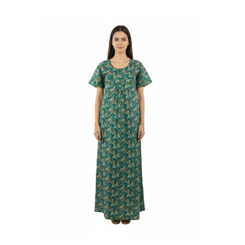 Women’s Green Color  Cotton Printed Nighty