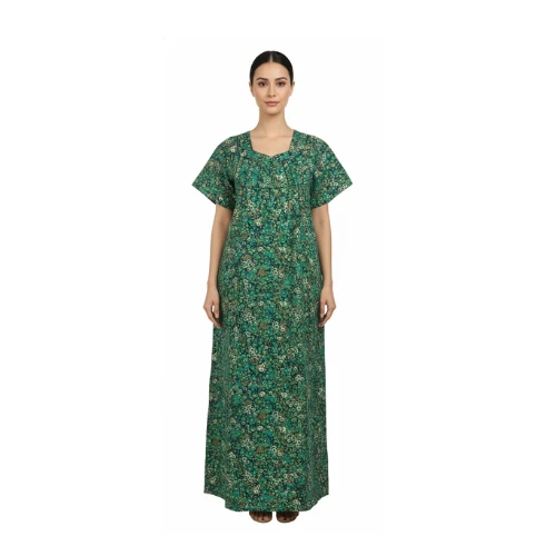 Women’s Green Color  Cotton Printed Nighty