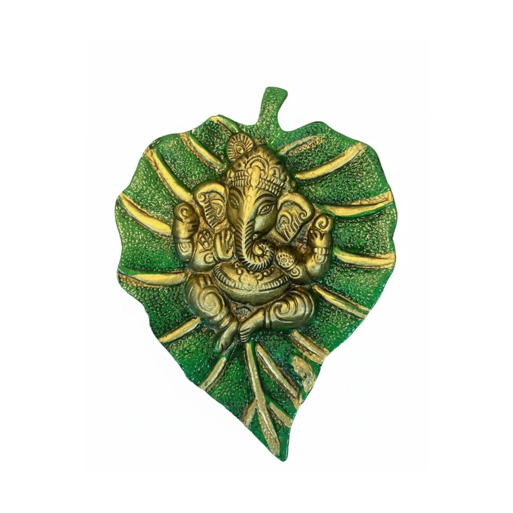 Amutha Angadi Metal Lord Ganesha on Emerald Green Leaf | Patta Ganesh Ji Wall Ha