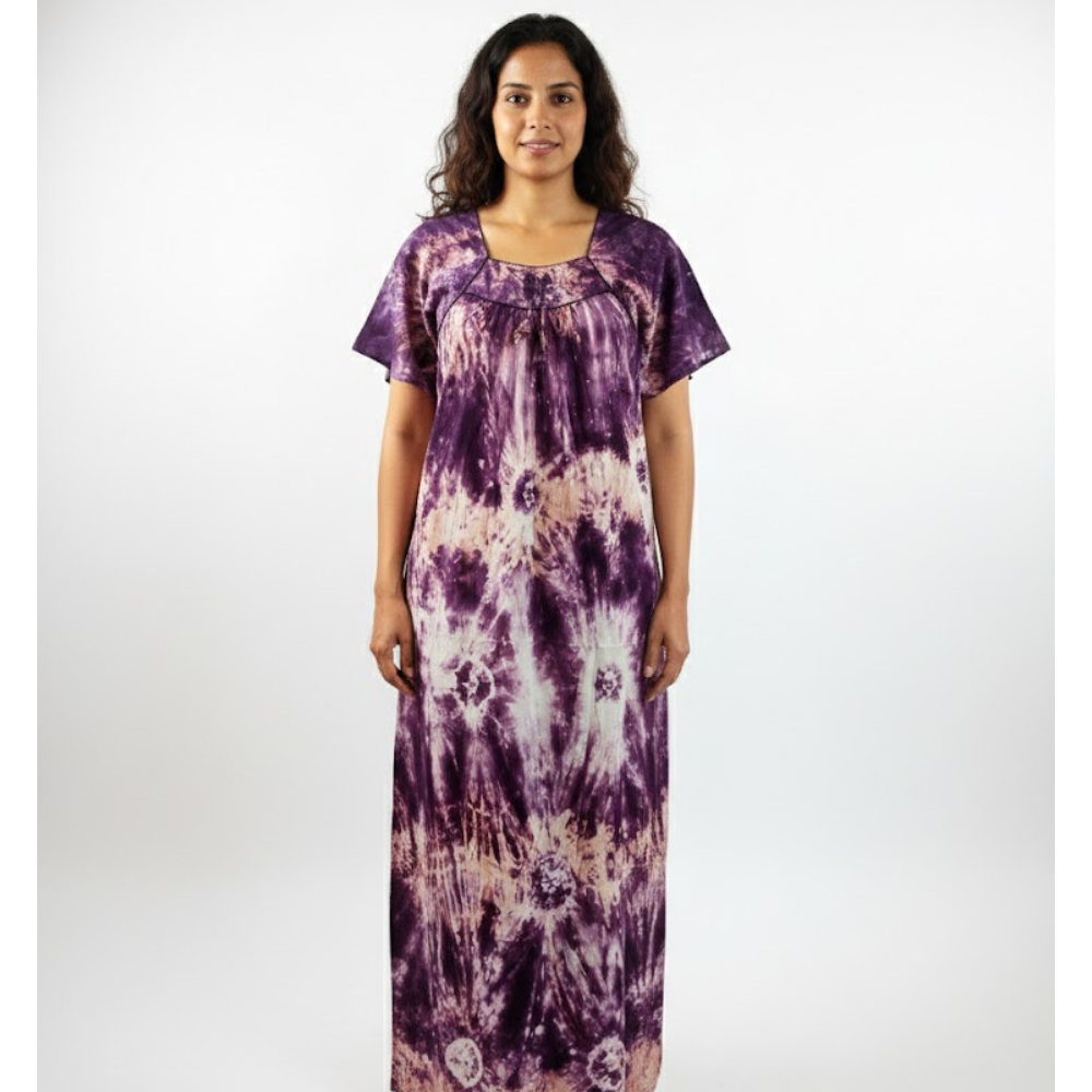 Loomician Women Soft Cotton Printed Nighty | Tie & Dye Maxi Night Gown