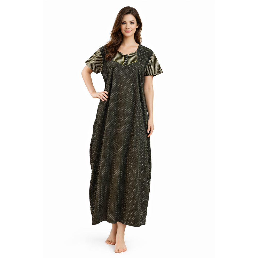Women’s Designer Printed Cotton Nighty | Short Sleeve Full Length Night Dress | 