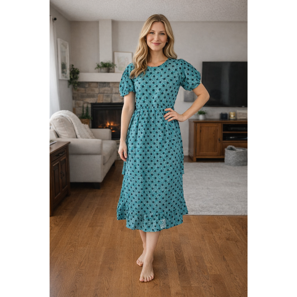Polka Dot Puff Sleeve Midi Dress