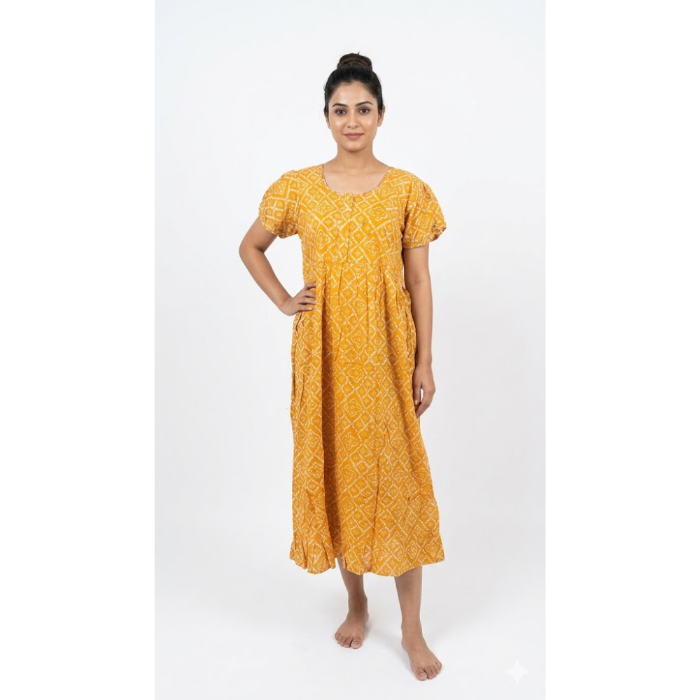 Mustard Yellow Printed Cotton Midi Dress