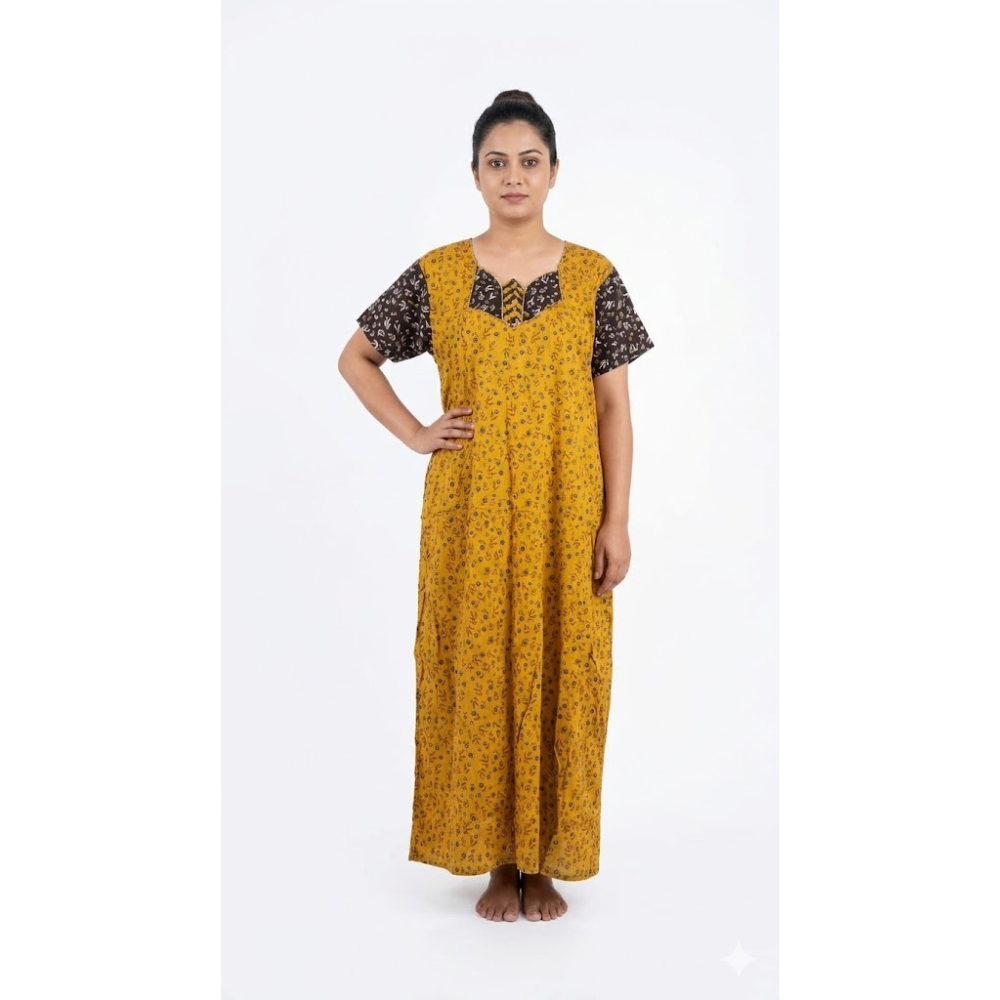 Mustard Yellow Floral Printed Cotton Maxi Nighty